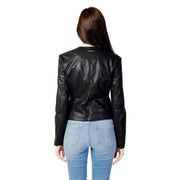 Armani Exchange women’s black faux leather moto jacket with sleek fitted design and subtle stitching details