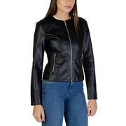 Armani Exchange women’s black faux leather bomber jacket with silver zippers and white inner collar