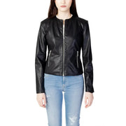 Armani Exchange women’s black polyester blazer with silver zip and round neckline in faux leather bomber style