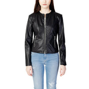 Armani Exchange women’s black polyester blazer with silver zip and round neckline in faux leather bomber style