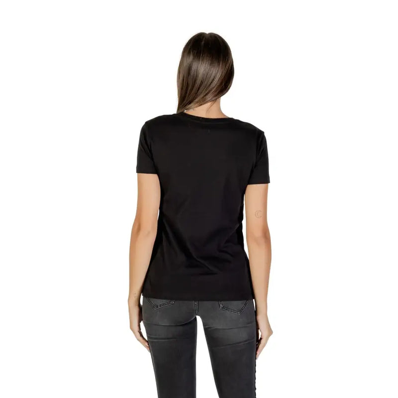 Armani Exchange womens black rhinestone cotton tee featuring a short-sleeved crew neck design