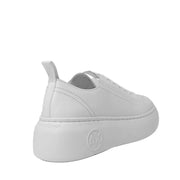 Armani Exchange women’s white leather low-top slip-on sneaker with thick platform sole and embossed logo on heel back view