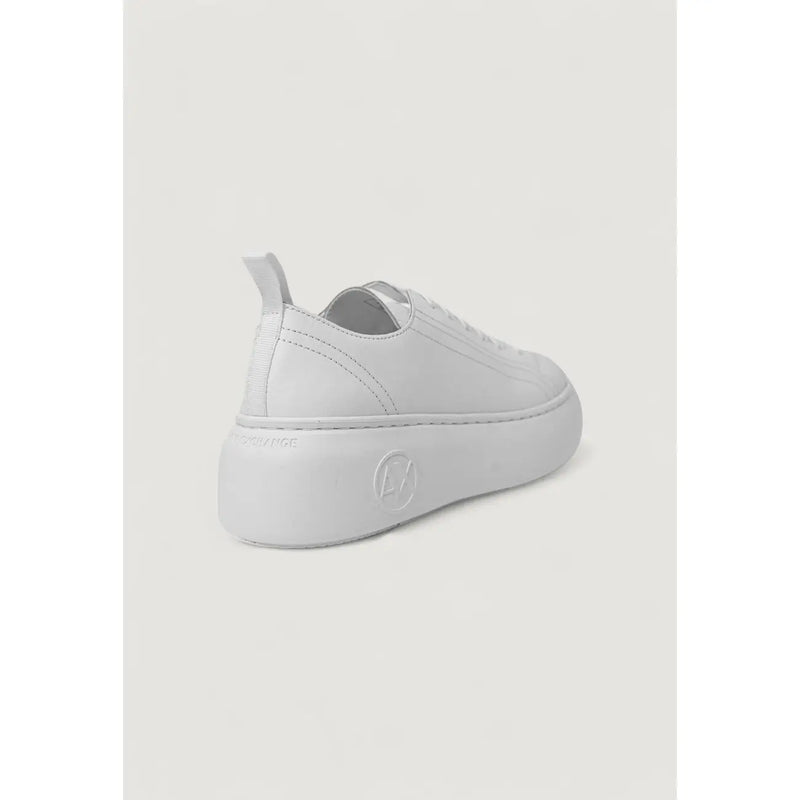 Armani exchange women’s white leather low-top slip-on sneaker with thick platform sole and subtle heel branding back view
