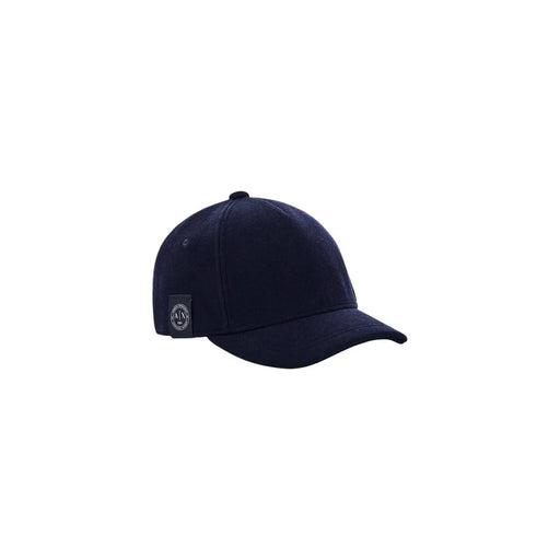 Armani Exchange wool cap for men in dark navy with textured fabric and circular logo patch, side view