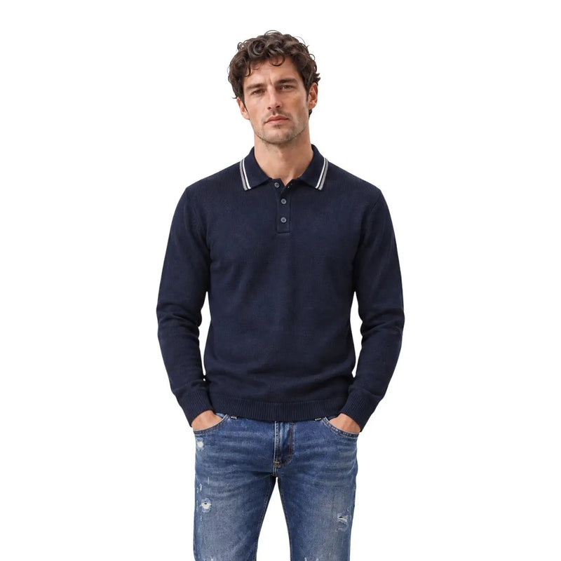 Armani Exchange Polo-Pullover aus Wolle für Herren in Marineblau mit weiß gestreiftem Kragen und gerippten Bündchen, Vorderansicht
