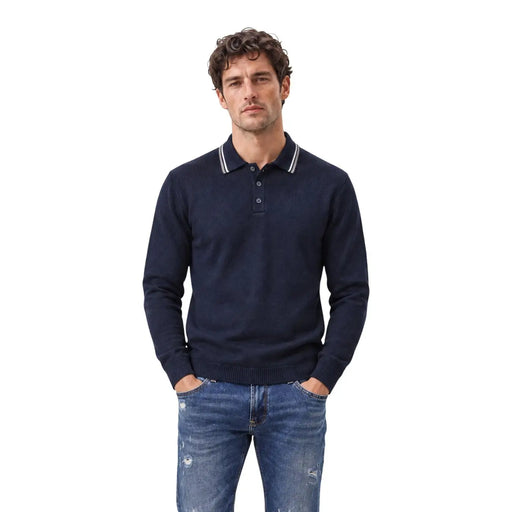 Armani Exchange wool polo sweater for men in navy blue with white striped collar and ribbed cuffs, front view