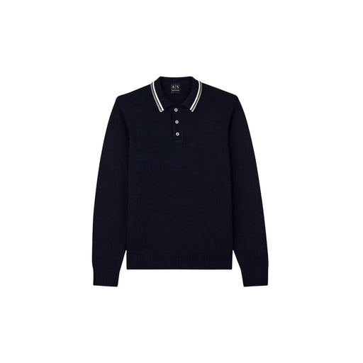Armani Exchange wool polo sweater for men in black with white and silver striped collar trim, front view