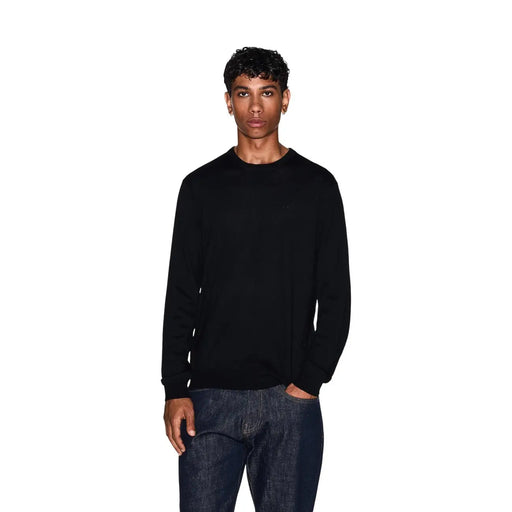 Armani Exchange wool sweater for men in black with embroidered logo on chest, front view