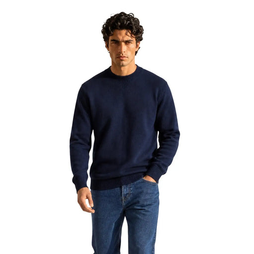 Armani Exchange wool sweater for men in navy blue crewneck with ribbed cuffs, front view