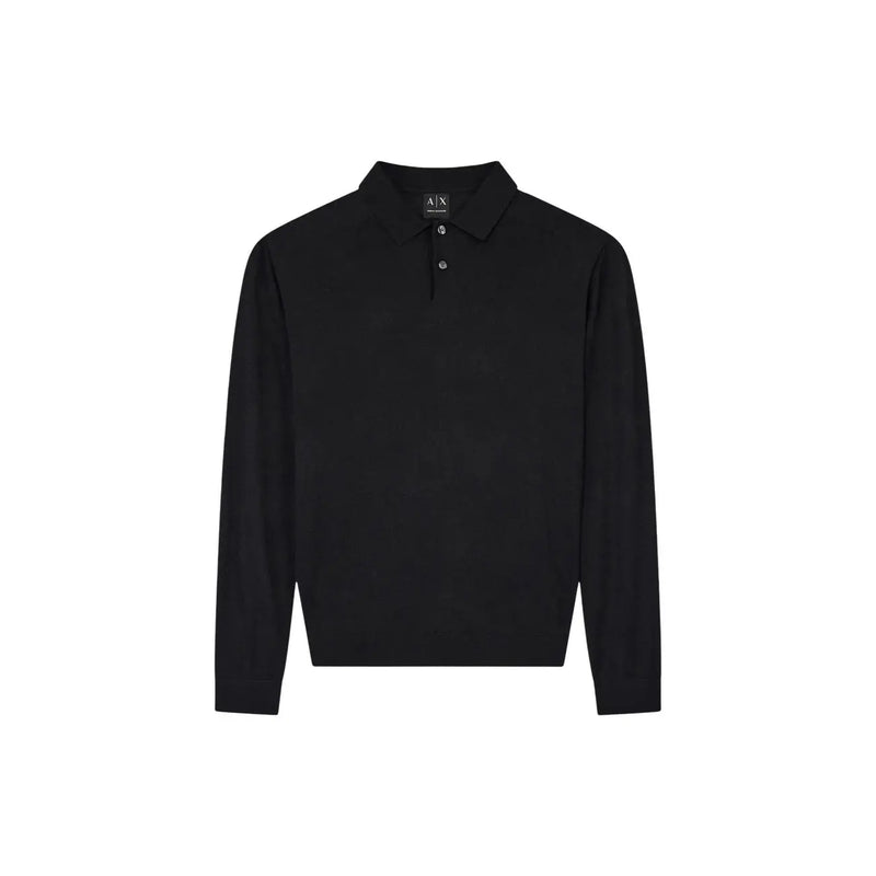 Armani exchange wool sweater for men in black with classic collar and buttoned placket front view