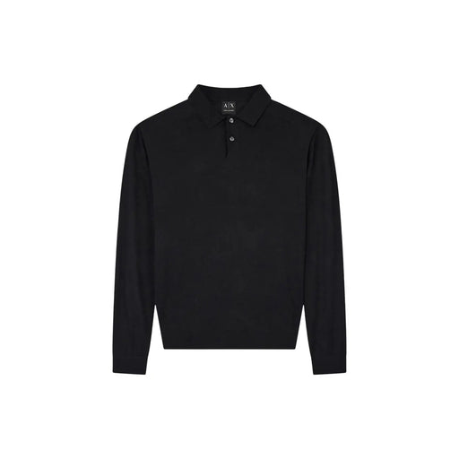 Armani exchange wool sweater for men in black with classic collar and buttoned placket front view