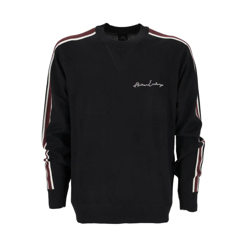 Armani Exchange wool sweater for men in black with maroon and white striped sleeves, front view