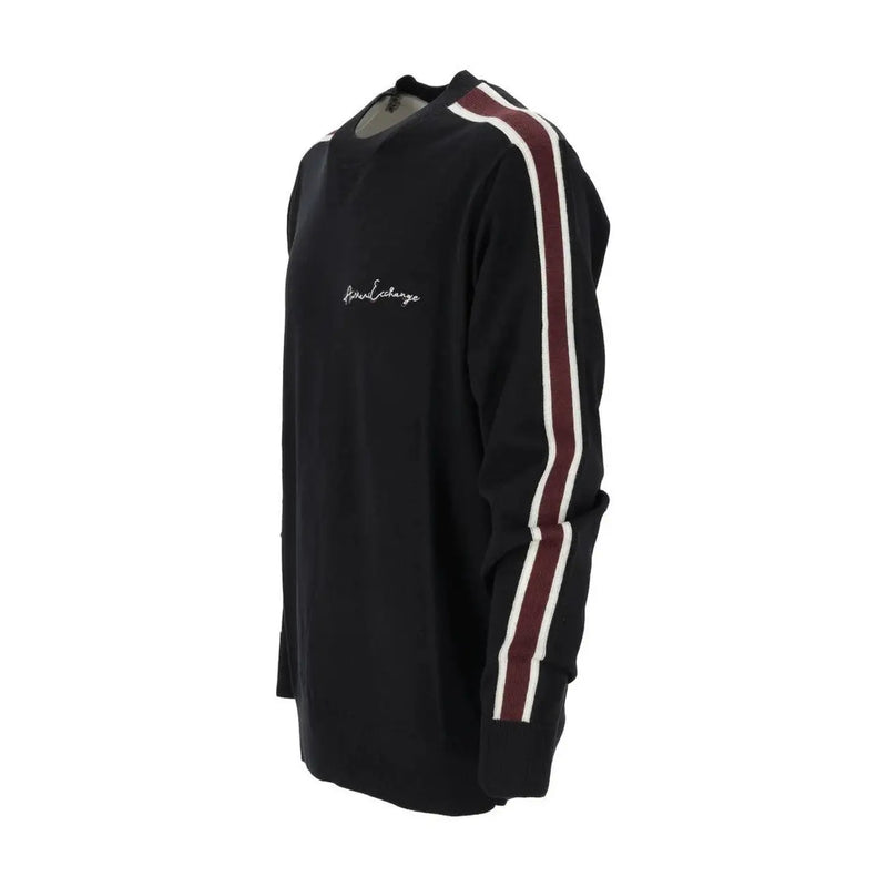Armani Exchange wool sweater for men in black with white and maroon sleeve stripes and chest logo, front view