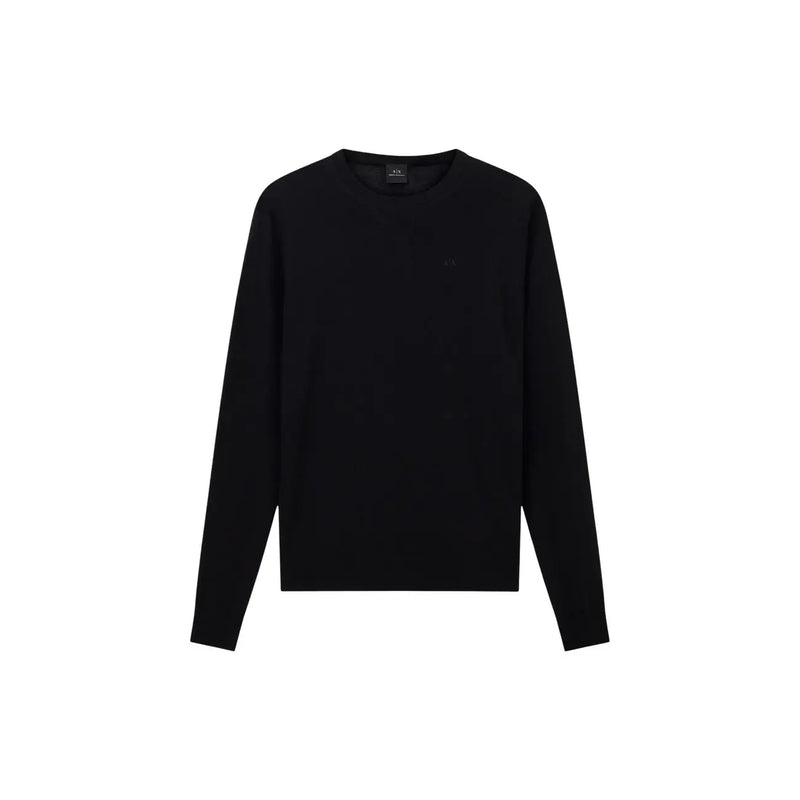 Armani Exchange Schwarzer Wollpullover für Herren mit dezentem, gesticktem Logo auf der linken Brust, Vorderansicht