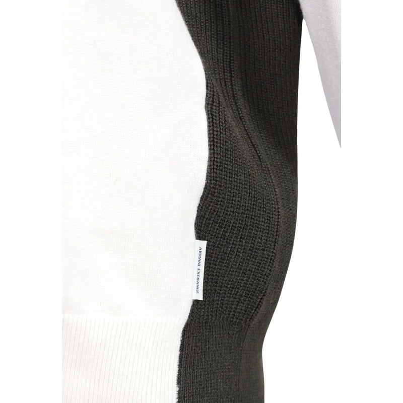Armani Exchange wool sweater for men in black ribbed knit with white label detail, sleeve detail view