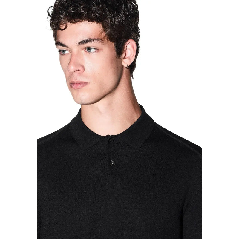 Armani exchange wool sweater for men in black ribbed knit with classic collar and two-button placket, front view