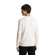 Armani Exchange wool sweater for men in cream with cable knit and crew neck, front view