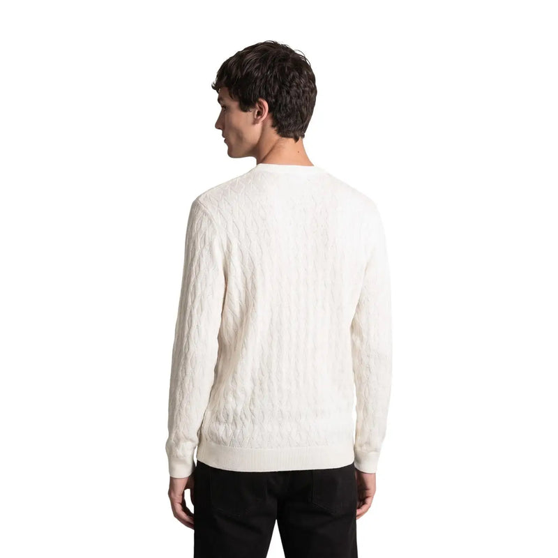 Armani Exchange wool sweater for men in cream with cable knit and crew neck, front view