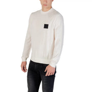 Armani Exchange wool sweater for men in cream with black square patch on left chest, front view
