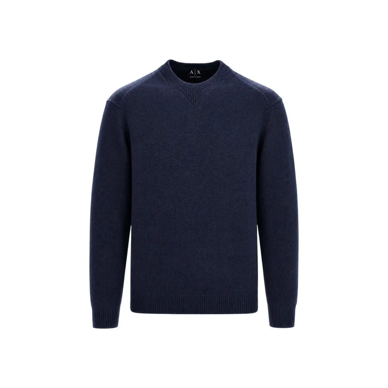 Armani Exchange wool sweater for men in navy blue with ribbed cuffs and hem, front view