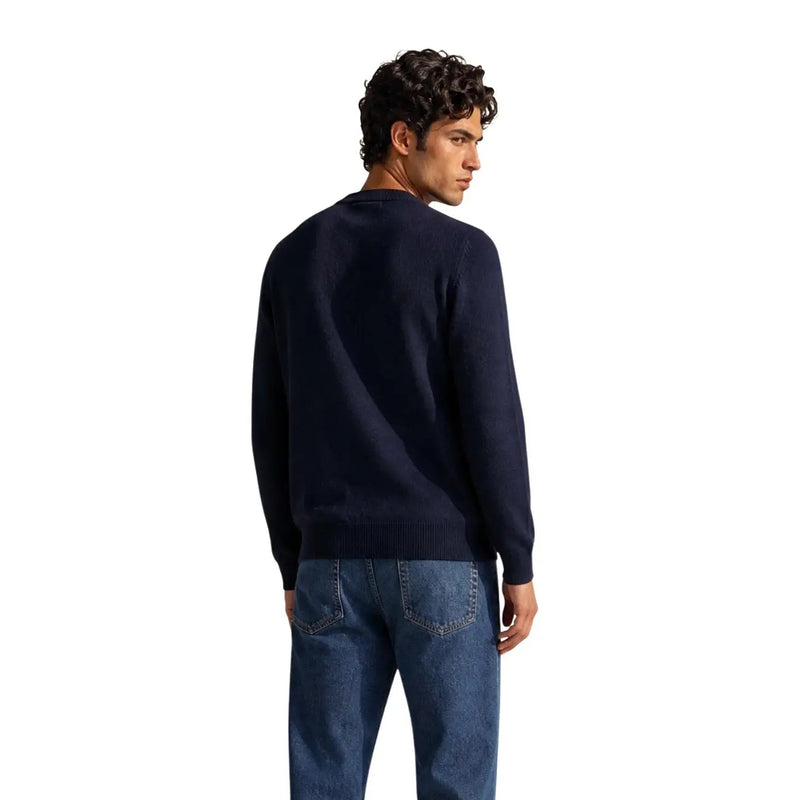 Armani Exchange wool sweater for men in navy blue crewneck with ribbed cuffs, front view