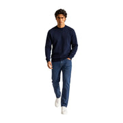 Armani Exchange wool sweater for men in navy blue with crewneck and ribbed cuffs, front view