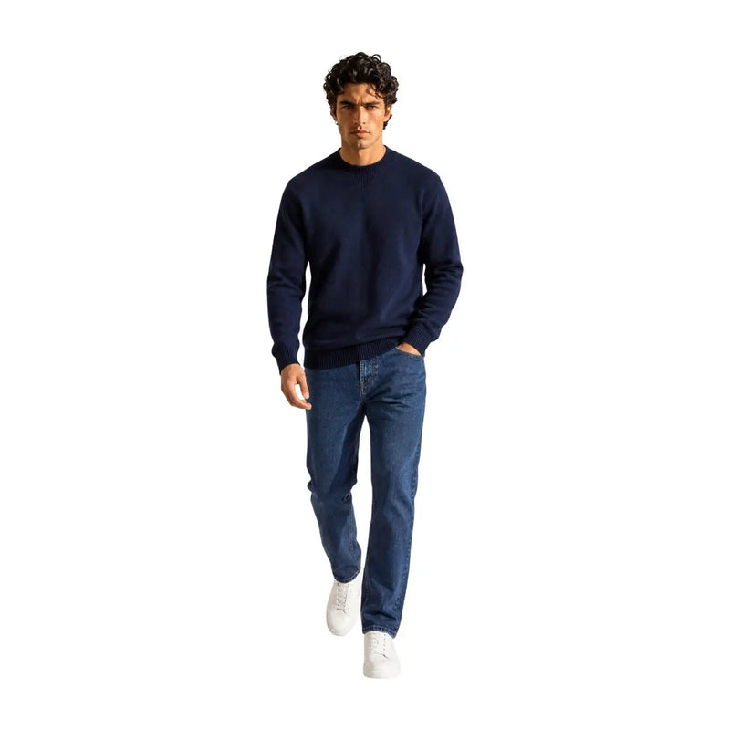 Armani Exchange wool sweater for men in navy blue with crewneck and ribbed cuffs, front view