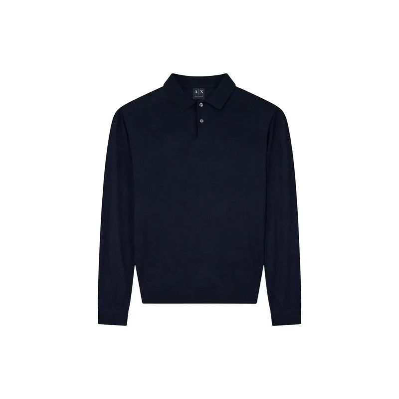 Armani Exchange wool sweater for men in navy blue with classic collar and two-button placket, front view