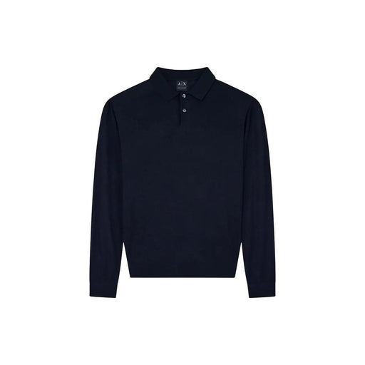 Armani Exchange wool sweater for men in navy blue with classic collar and two-button placket, front view