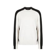 Armani Exchange wool sweater for women in off-white and black with ribbed shoulders and raglan sleeves, front view