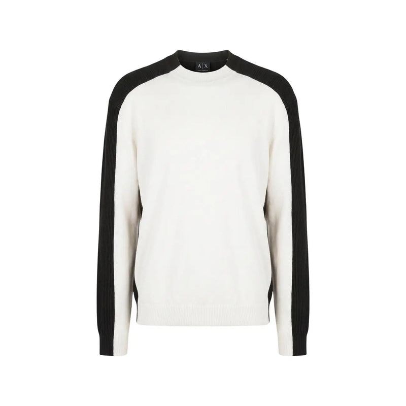 Armani Exchange wool sweater for women in off-white and black with ribbed shoulders and raglan sleeves, front view