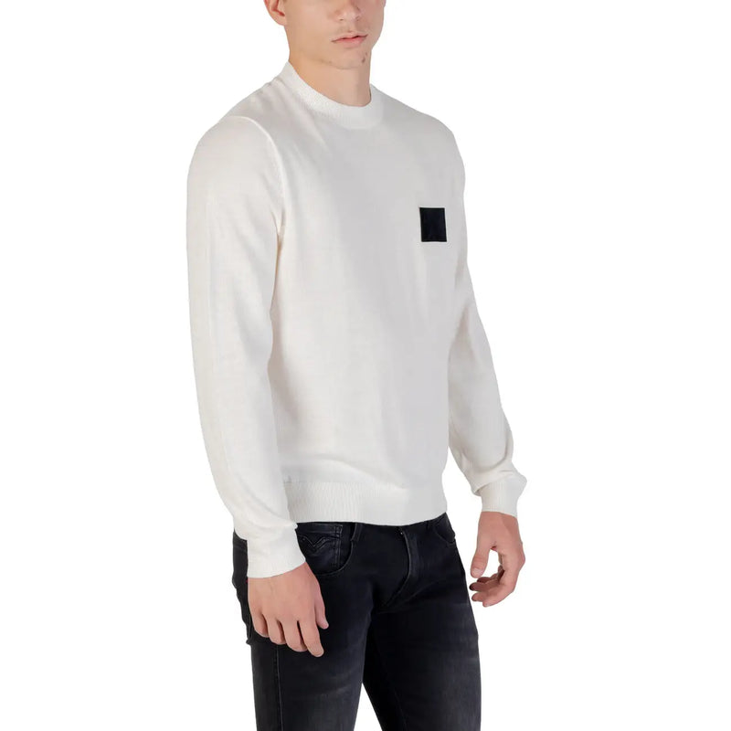 Armani Exchange wool sweater for men in white with black square patch on left chest, front view