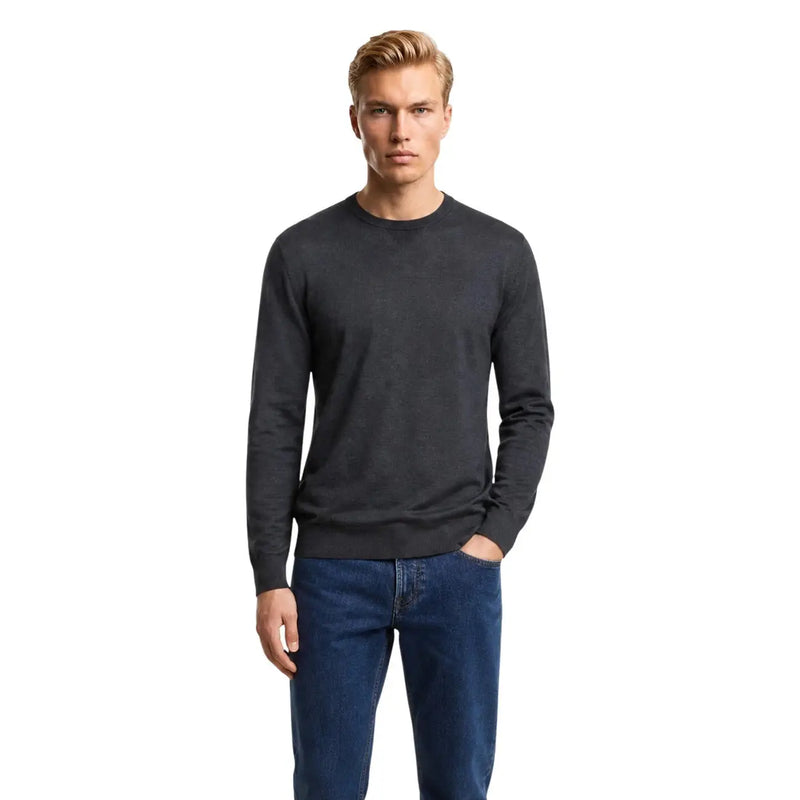 Armani Exchange Herren-Wollpullover in Dunkelgrau mit glatter Strickstruktur, lange Ärmel, Rundhalsausschnitt, Vorderansicht