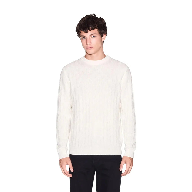 Armani Exchange wool sweater for men in cream with textured knit pattern, front view