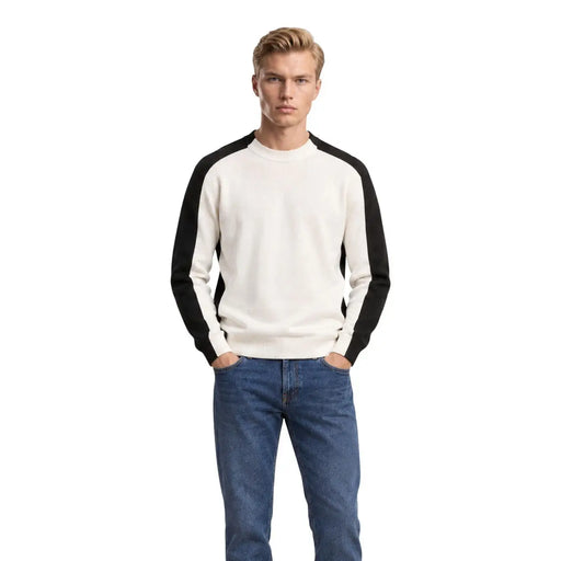 Armani Exchange wool sweater for men in cream and black with raglan sleeves and ribbed crew neckline, front view