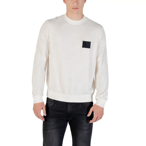 Armani Exchange wool sweater for men in white with black rectangular chest patch, front view