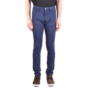 Dark blue slim fit jeans with white stitching and a classic five-pocket design.