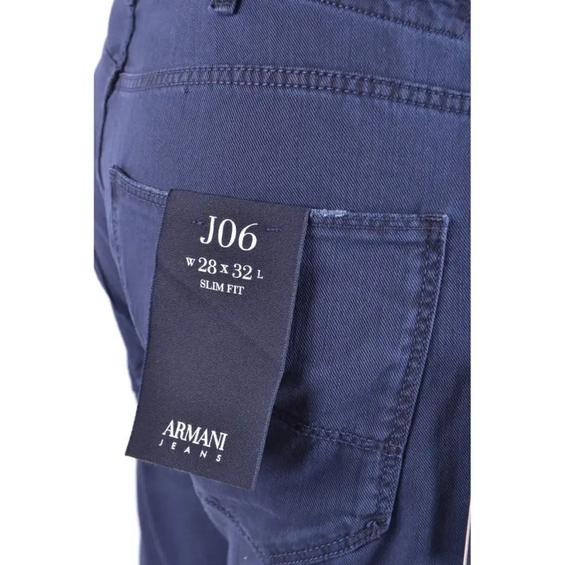Dark blue armani slim fit cotton elastane jeans with woven size and brand label for spring summer wear