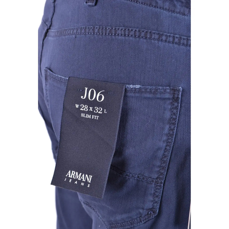 Dark blue armani slim fit cotton elastane jeans with woven size and brand label for spring summer wear