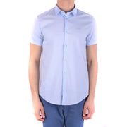 Armani Jeans men light blue cotton blend short-sleeved shirt with textured weave and embroidered logo on chest