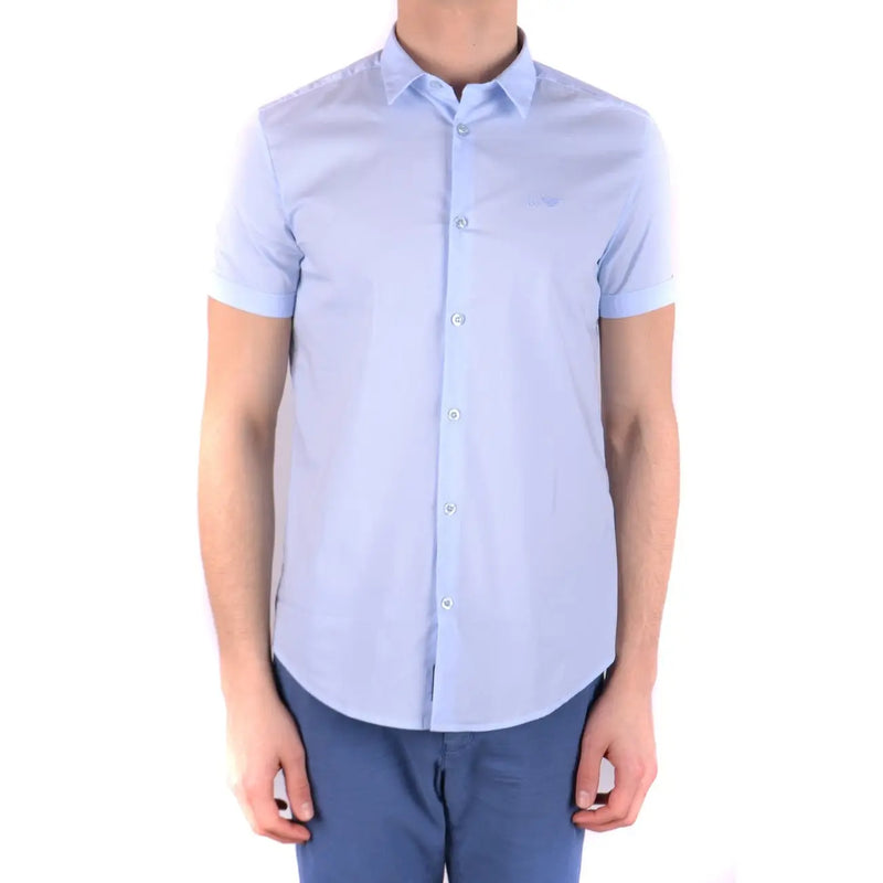 Armani Jeans men light blue cotton blend short-sleeved shirt with textured weave and embroidered logo on chest