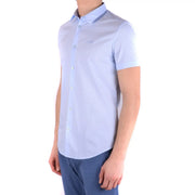 Armani Jeans men light blue cotton blend short-sleeved shirt with subtle textured weave and chest embroidered logo