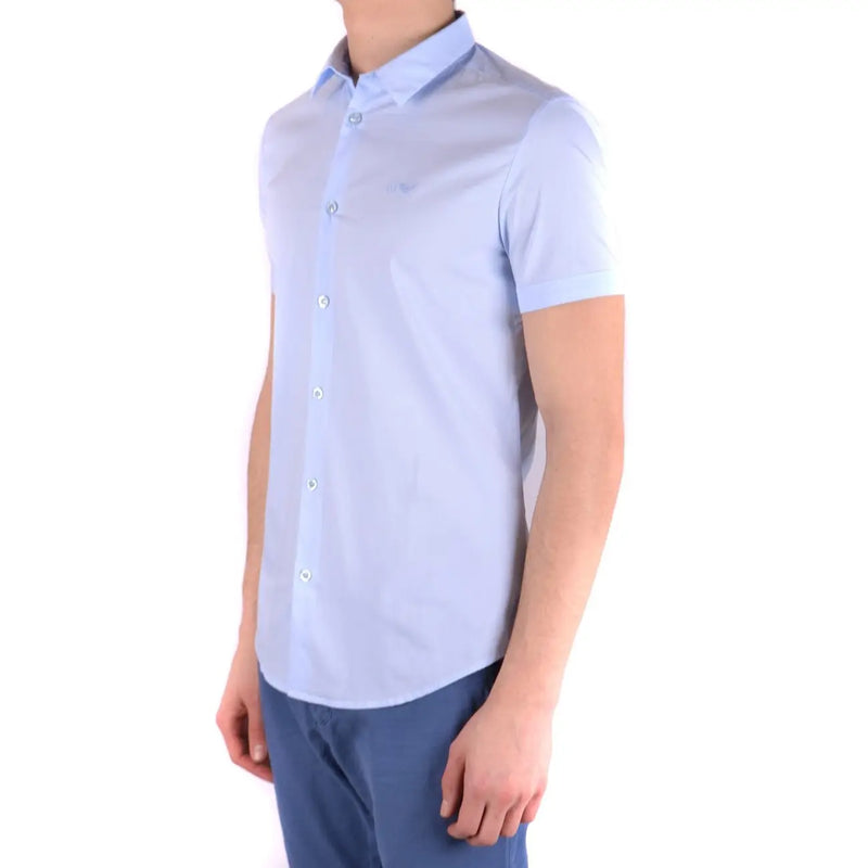 Armani Jeans men light blue cotton blend short-sleeved shirt with subtle textured weave and chest embroidered logo