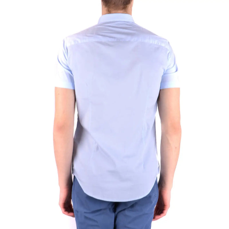 Armani jeans men light blue cotton blend short-sleeved dress shirt with classic collar and tailored fit