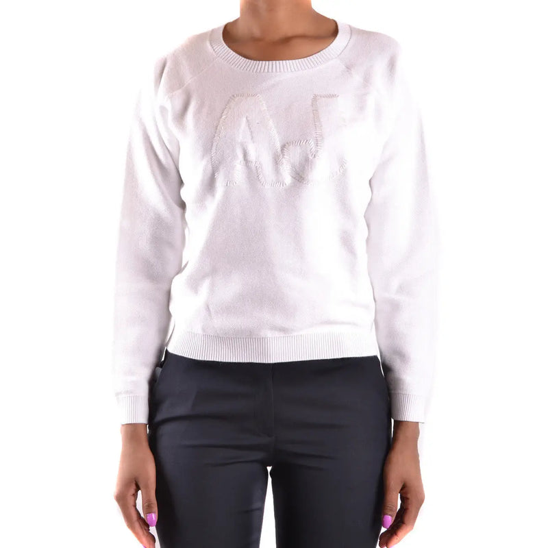 Armani Jeans women white cotton knitwear long round neck sweater with subtle embroidered aj logo on the chest