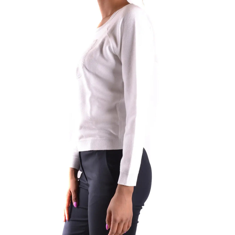Armani Jeans women white cotton knitwear long round neck sweater with ribbed cuffs and subtle textured front pattern