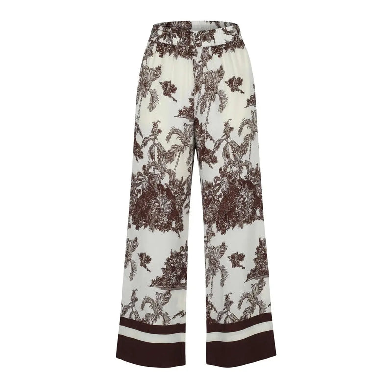 Artigli women beige floral viscose trousers with cream wide legs and brown tropical print for spring summer