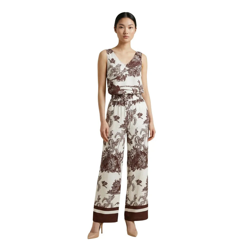 Artigli women beige floral viscose sleeveless v neck jumpsuit with brown botanical print and matching belt spring summer