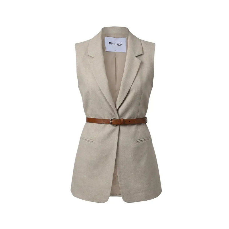 Beigefarbener, ärmelloser Polyesterblazer von Artigli für Damen mit Reverskragen und braunem Ledergürtel