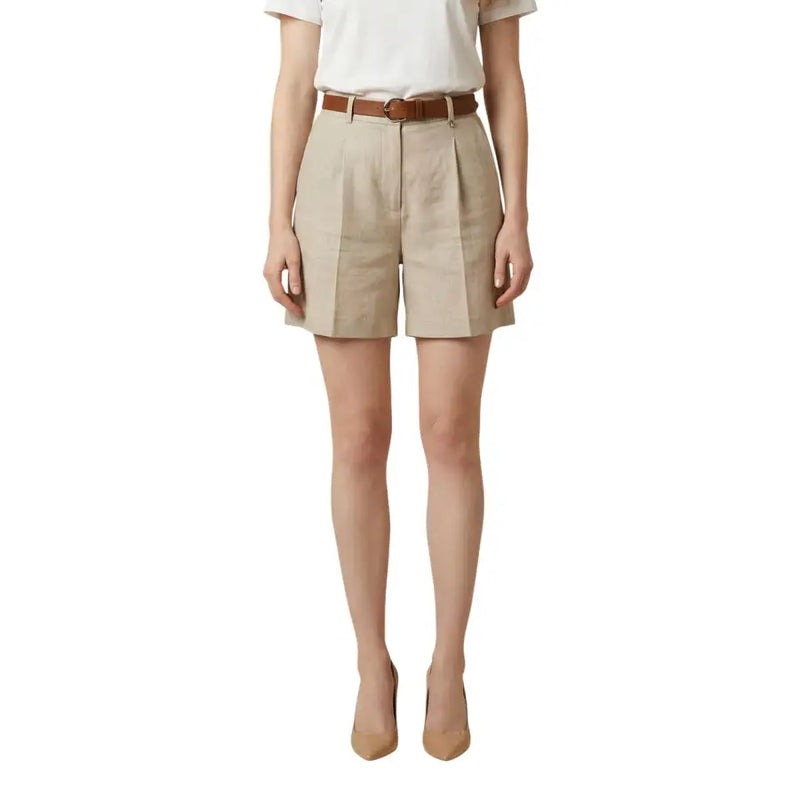 Artigli Damen beige Polyester-Plissee-Shorts mit braunem Ledergürtel
